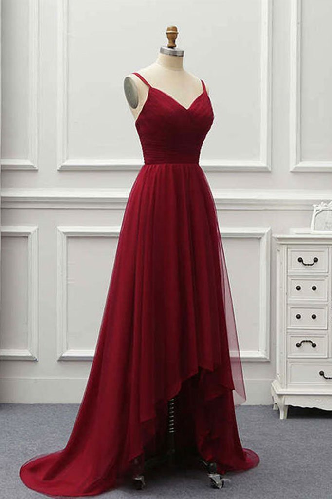 A Line High Low Tulle Prom Dress with Train, Burgundy V Neck Backless Formal Dress WLD1692