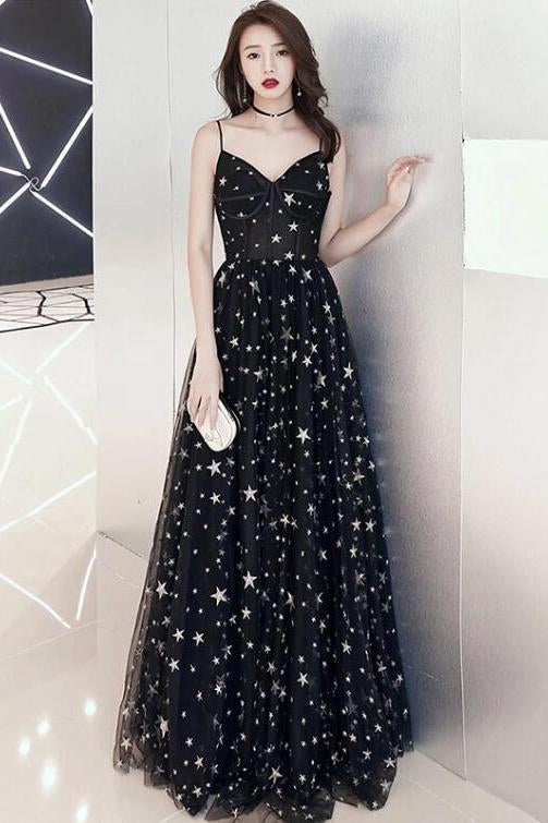 Black Spaghetti Straps Tulle Prom Dress with Stars, Floor Length Long Evening Dress WLD2580