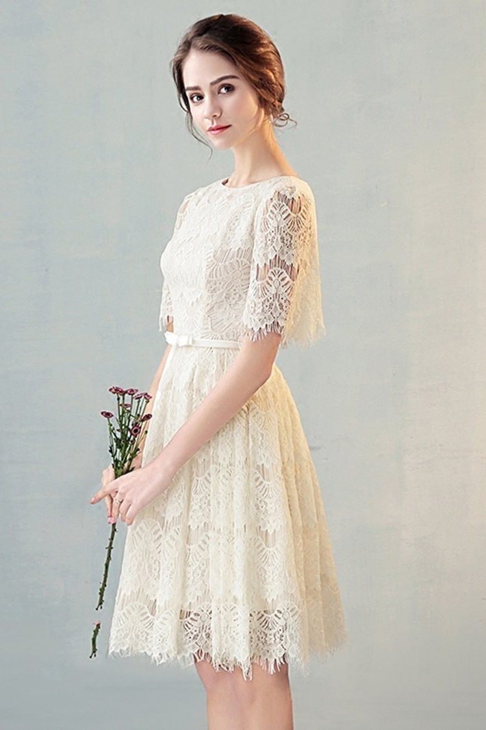 A Line Half Sleeves Lace Homecoming Dress, Cute Lace Sweet Dress with Belt WLD1948