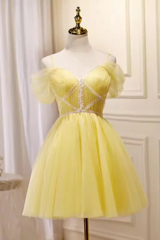 Dark Blue Spaghetti Straps Short Tulle Hoco Dress With Beading, Sweet 16 Dresses WLD0176