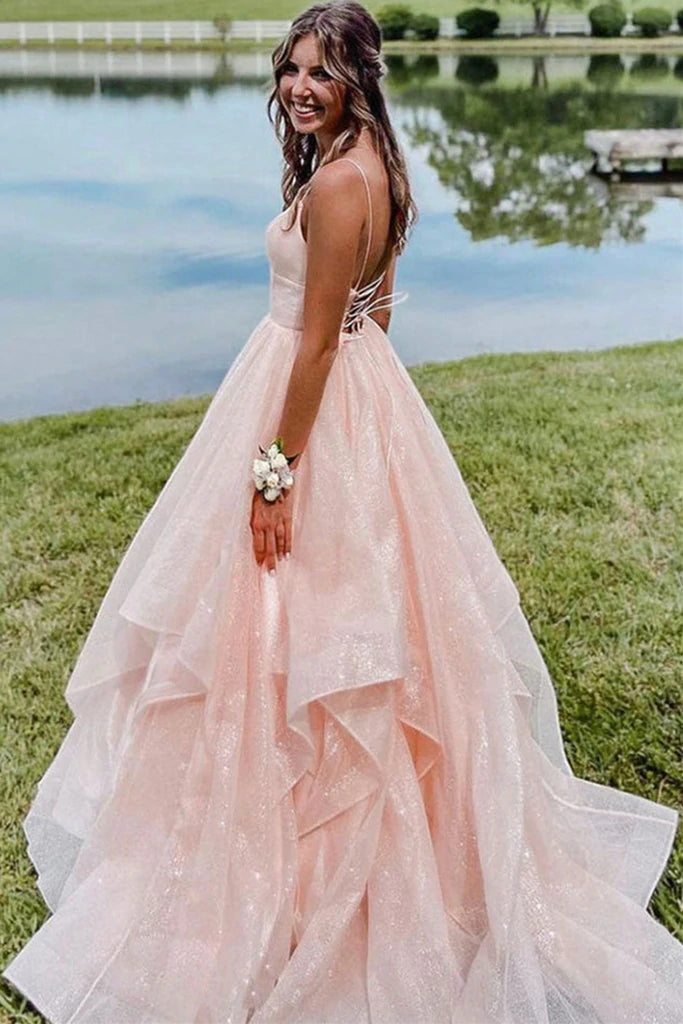 Glitter A Line Spaghetti Straps Asymmetrical Long Prom Dress, Shiny Evening Gown WLD0101