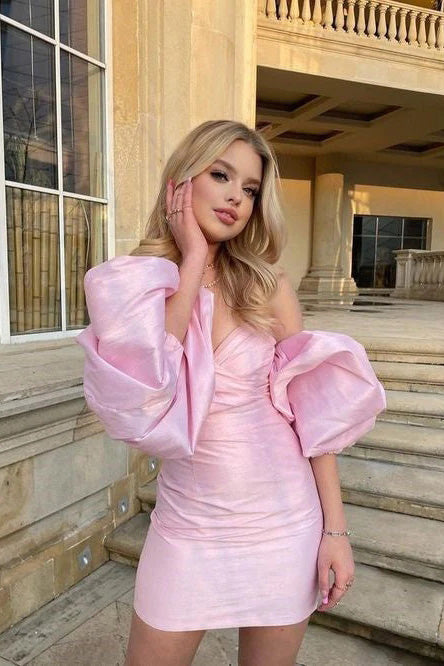 Sheath Pink Sweetheart Mini Homecoming Dress With Lantern Sleeves, Short Graduation Dresses WLD0161