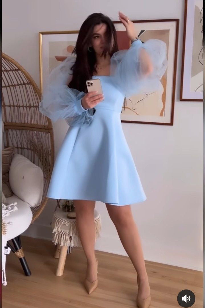 Light Blue Satin Mini Dress, Square Puffy Sleeves A-line Short Homecoming Dress WLD0175