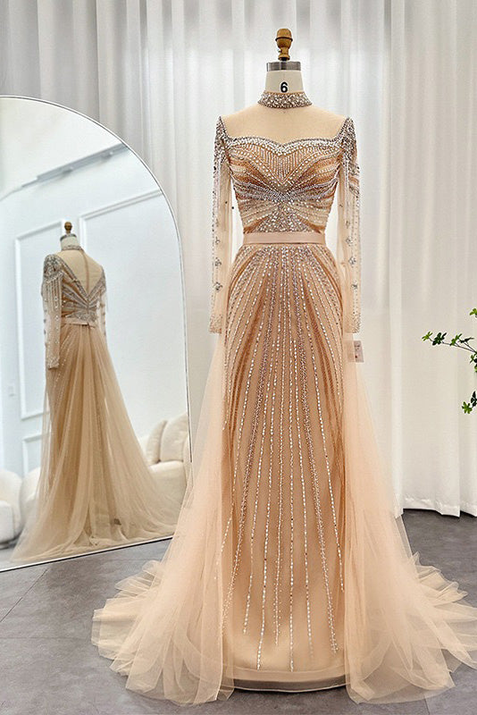 A Line Sheer Neck Long Prom Dress With Beading,  Long Sleeves Evening Dress CHP0273