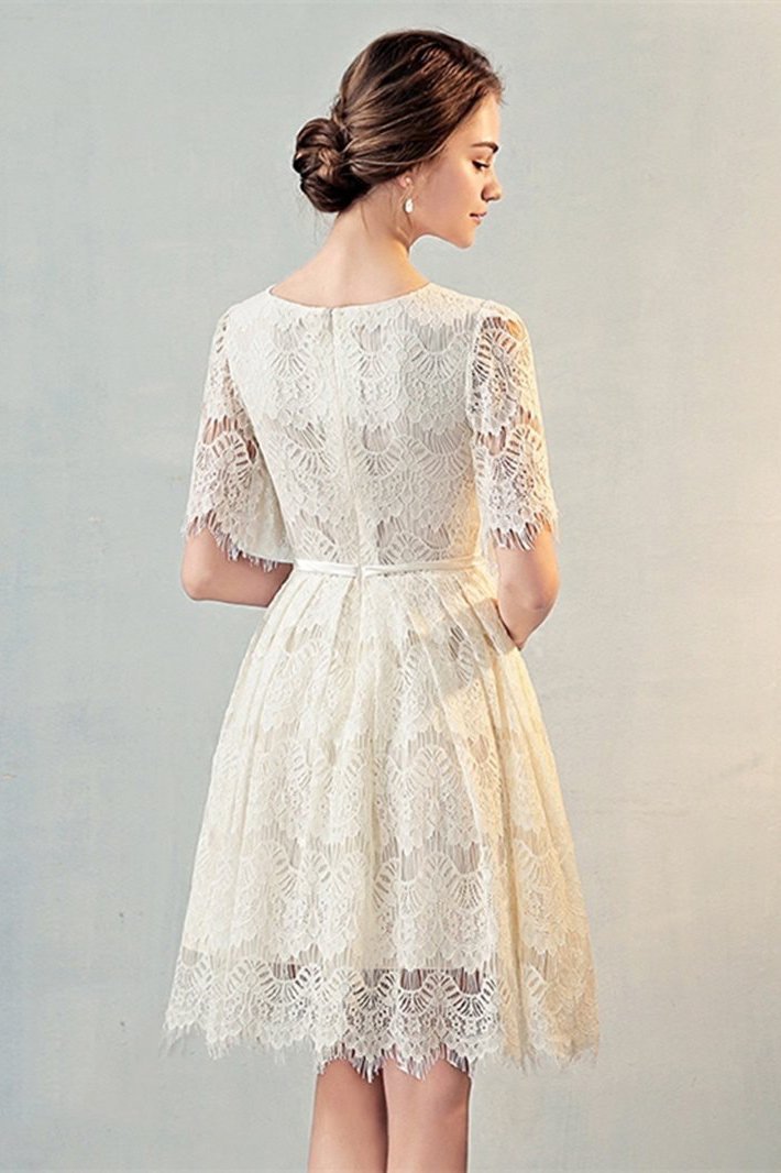 A Line Half Sleeves Lace Homecoming Dress, Cute Lace Sweet Dress with Belt WLD1948