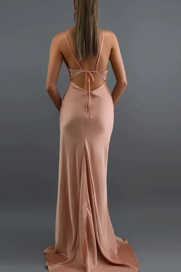 Simple Blush Mermaid Open Back V Neck Spaghetti Straps Long Prom Dresses WLD0257