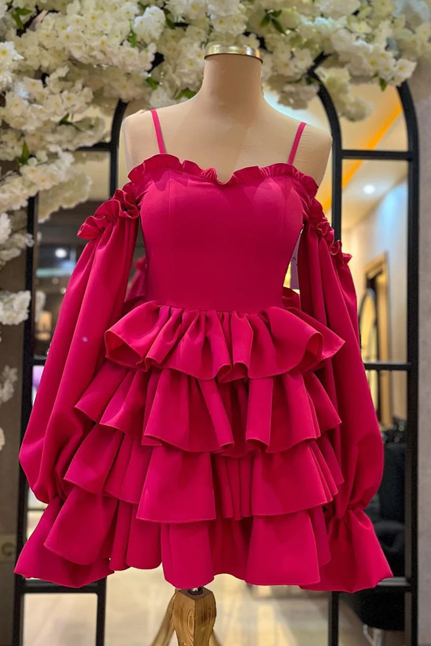 Spaghetti Straps Ruffled Long Sleeves Layers Homecoming Dress WLD0159