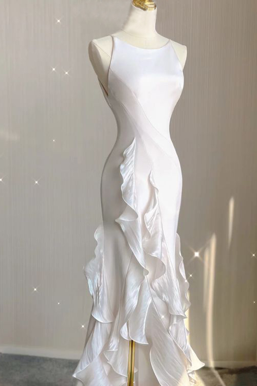 Simple Chiffon Sheath V Back Wedding Dress,Bridal Dresses With Ruffles WLD0166