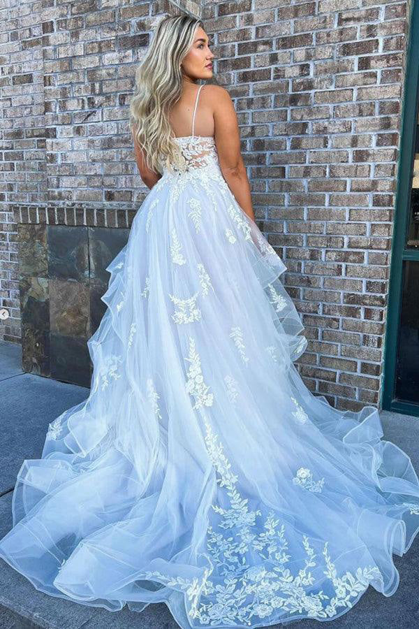 A-line Spaghetti Straps V-neck Beach Wedding Dress With Lace Appliques WLD0173