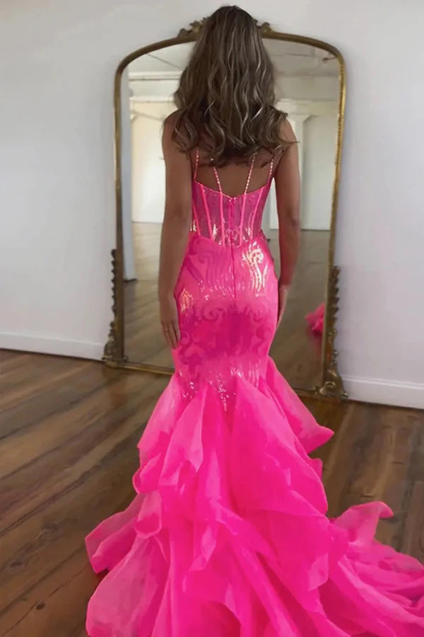 Sparkly Mermaid Spaghetti Straps Hot Pink Prom Dress, Formal Party Gown WLD0372