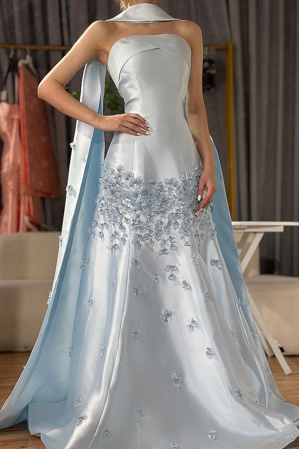 Classy A Line Strapless Light Blue Satin Long Prom Dresses,Formal Dress CHP0427