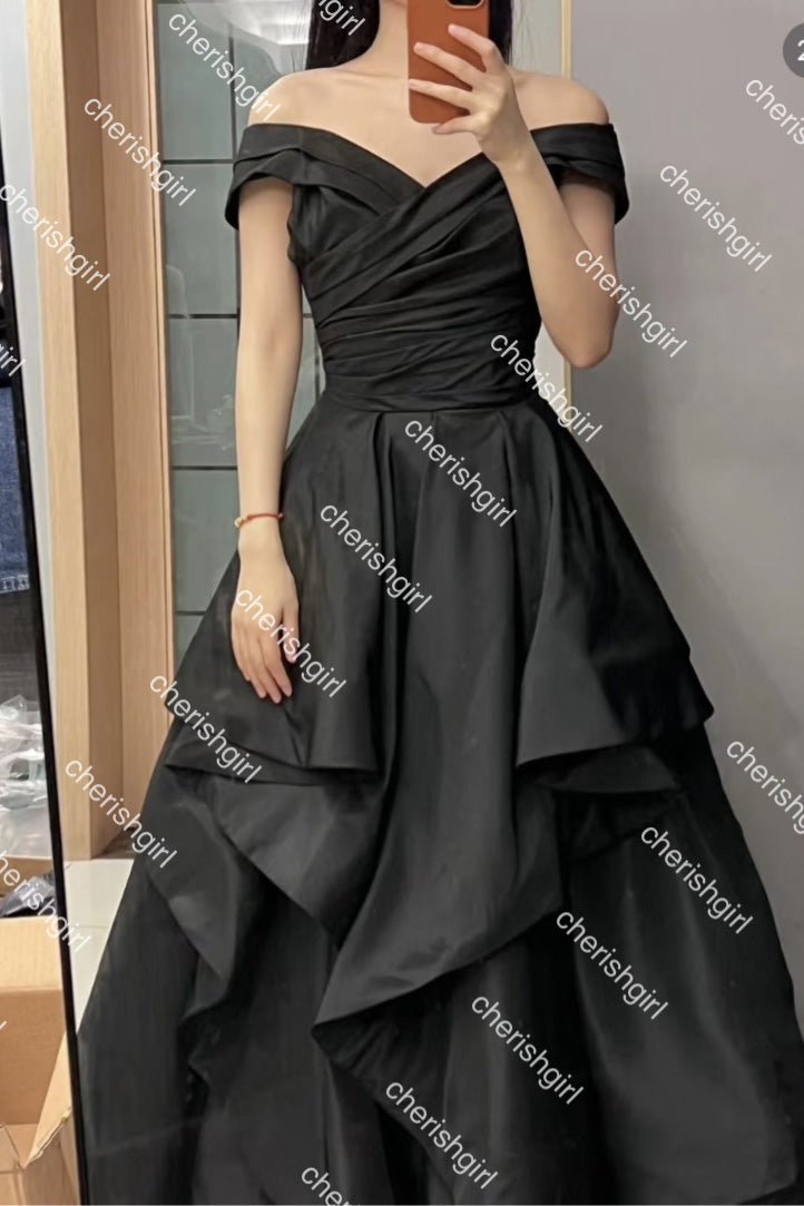 Off-the-Shoulder Black Tulle A-Line Long Prom Dress, Formal Dress CHP0409