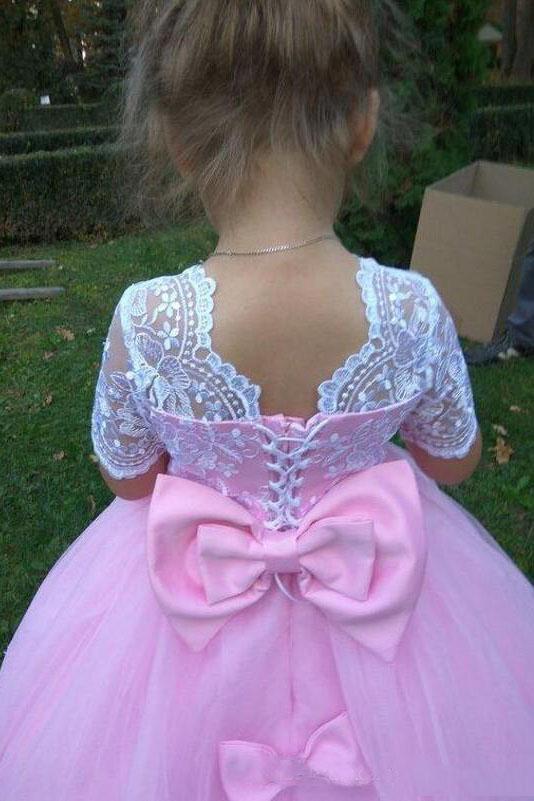 Ball Gown Cute Short Sleeves Long Flower Girl Dress, Lace Appliques Bow Flower Girl Dresses WLD079