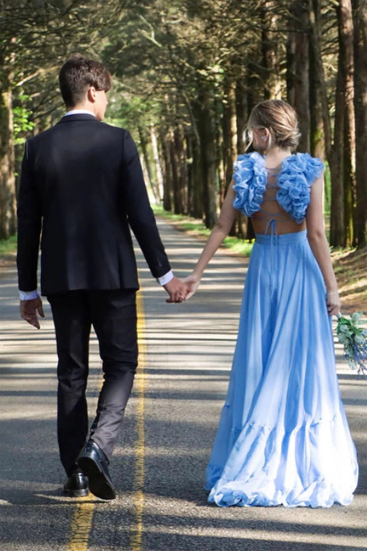 Ruffle Shoulder Plunging V Neck A-line Lace-Up Long Prom Dress WLD0261