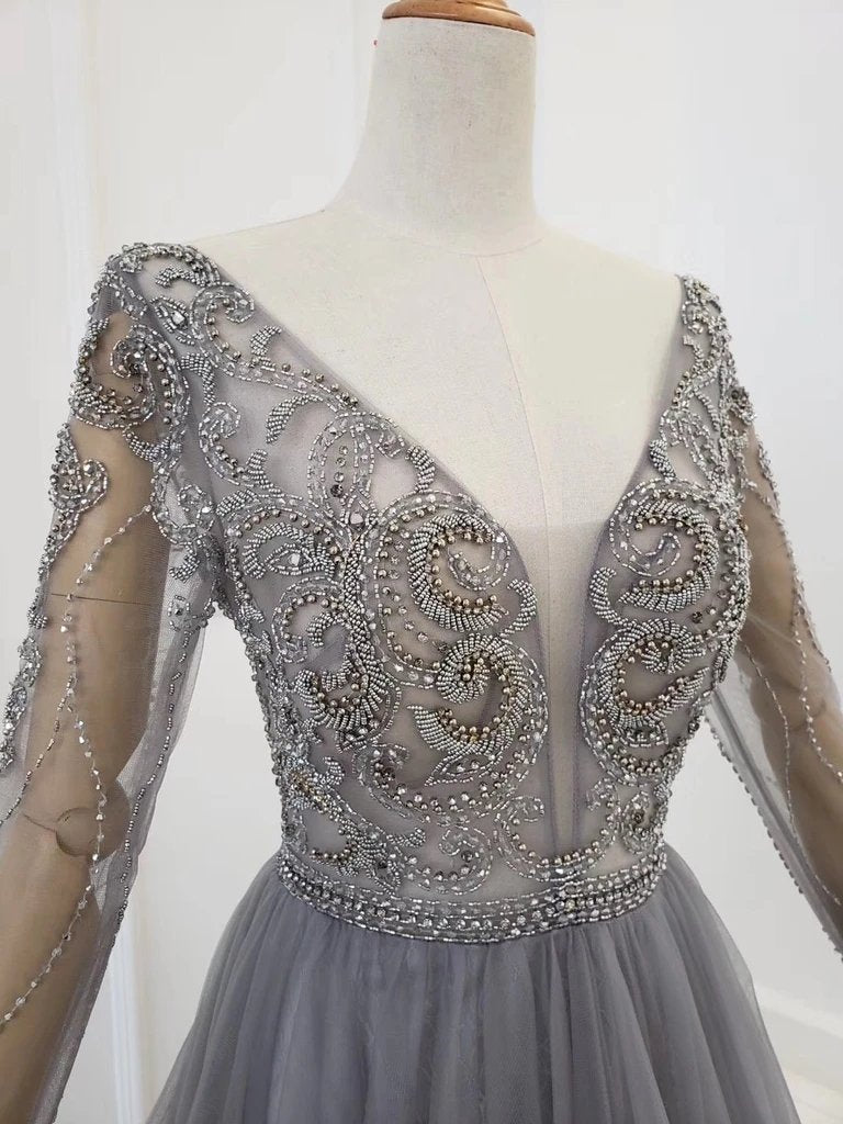 A Line V Neck Long Sleeves Tulle Gray Prom Dress with Beading, Cheap Party Dresses WLD2578