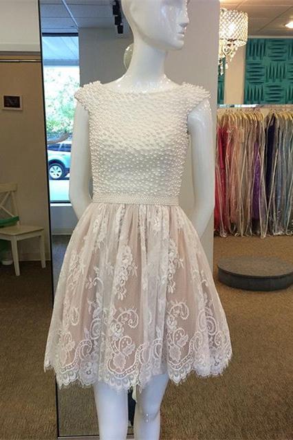 A Line Cap Sleeves Lace Homecoming Dress with Pearls, Short Lace Graduation Dress WLD2198