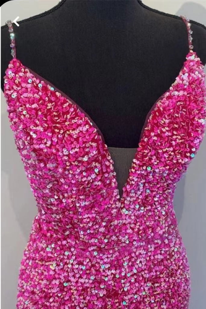Shiny Hot Pink Sequins Mermaid Spaghetti Straps Prom Dress, Formal Gown WLD0209