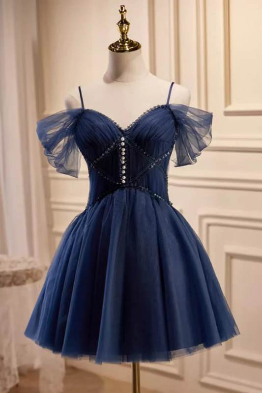 Dark Blue Spaghetti Straps Short Tulle Hoco Dress With Beading, Sweet 16 Dresses WLD0176