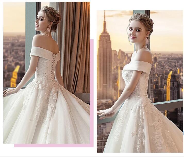 Gorgeous Off the Shoulder Lace Long Train Wedding Dresses, Princess Bridal Dresses WLD2581