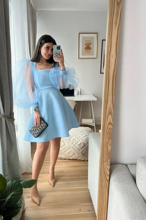 Light Blue Satin Mini Dress, Square Puffy Sleeves A-line Short Homecoming Dress WLD0175