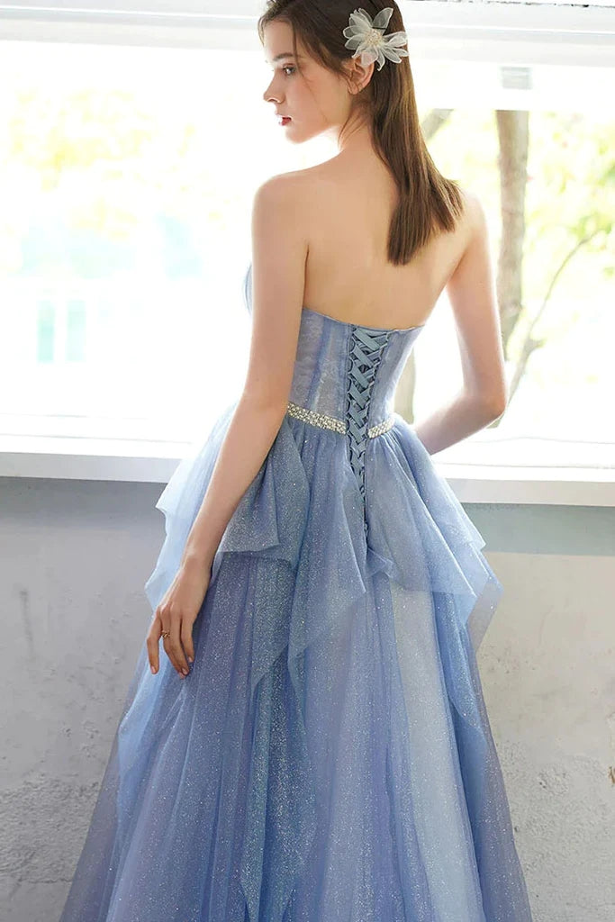 Shiny Blue Strapless Long Prom Gown With Beading, A Line Sparkly Evening Dress WLD0271