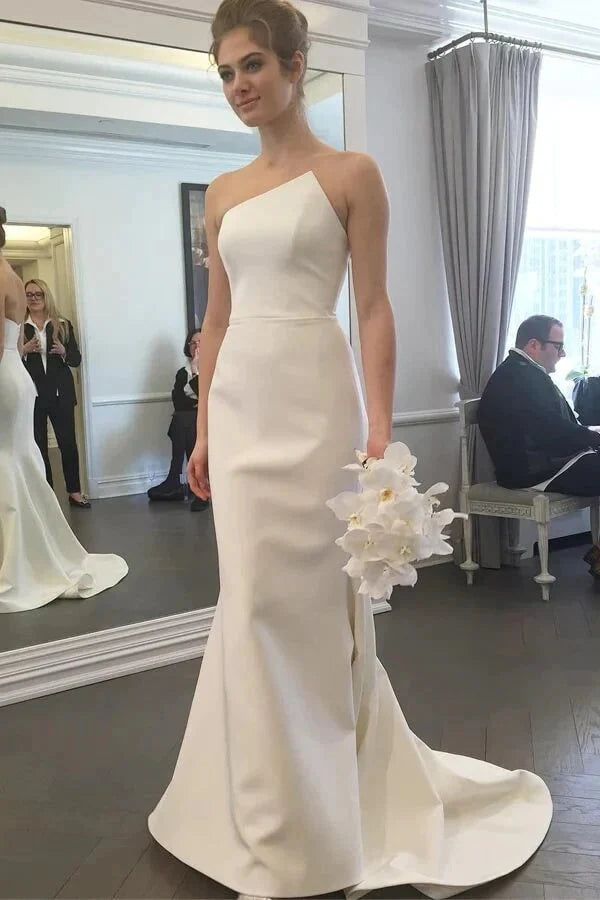 Simple Mermaid Ivory Strapless Wedding Dresses With Train, Bridal Gown WLD0194