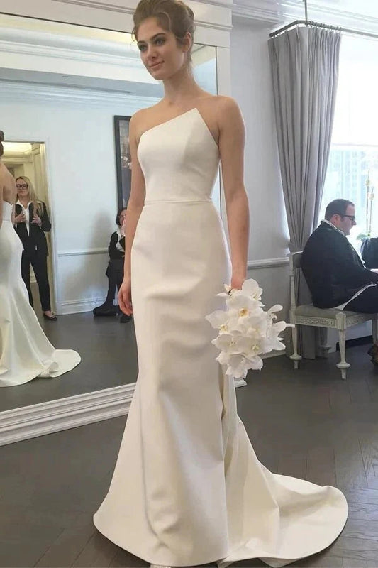 Simple Mermaid Ivory Strapless Wedding Dresses With Train, Bridal Gown WLD0194