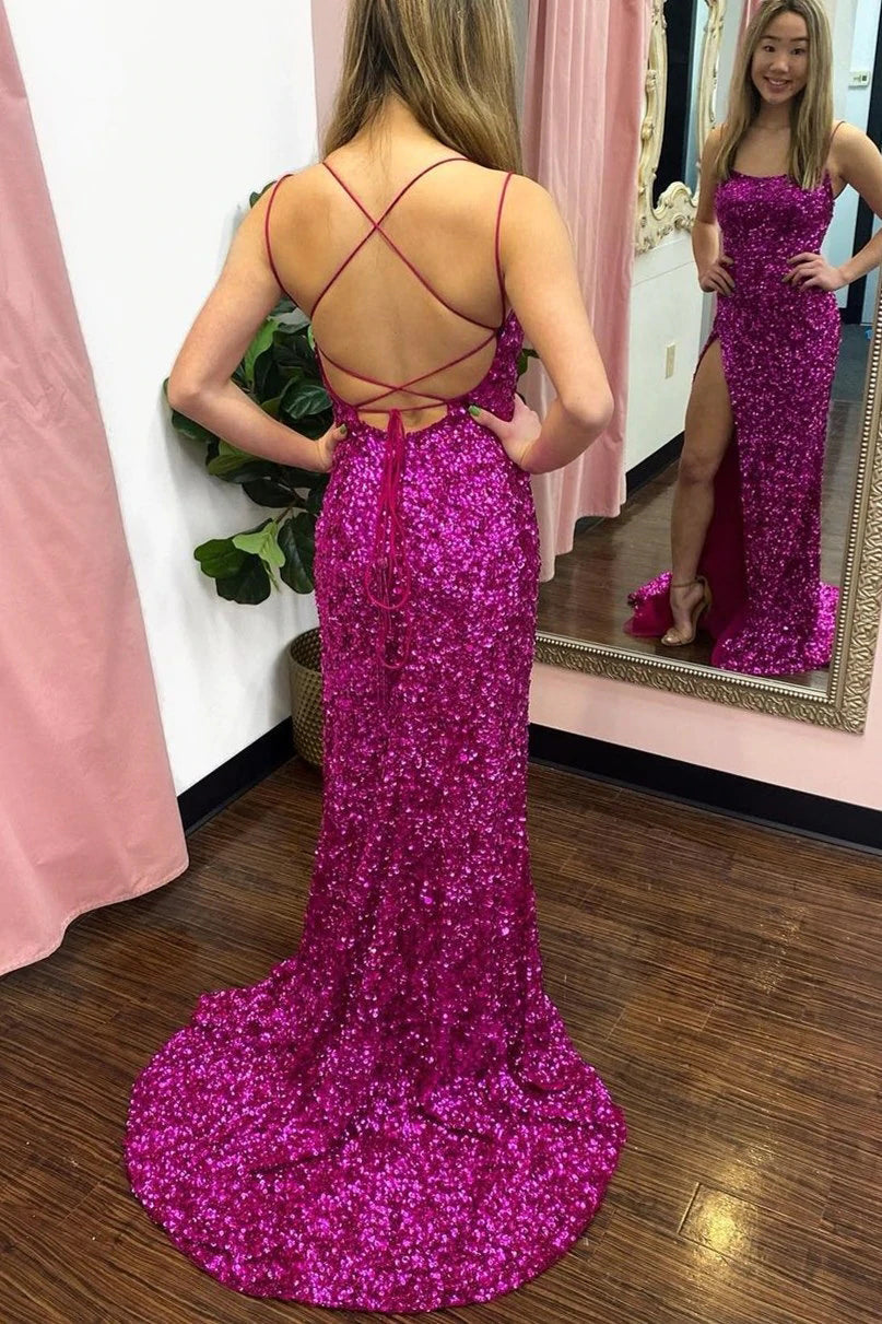 Glitter Purple Sequins Mermaid Spaghetti Straps Long Prom Dresses, Formal Dresses With Slit WLD0105