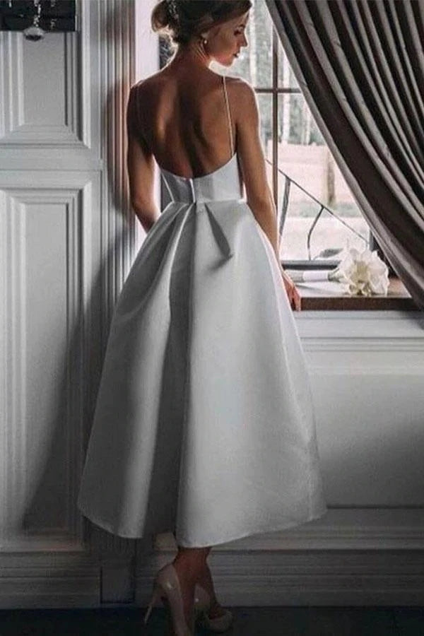Elegant Tea Length Satin Party Dress, Simple Spaghetti Straps Backless Prom Dress With Pockets WLD0106