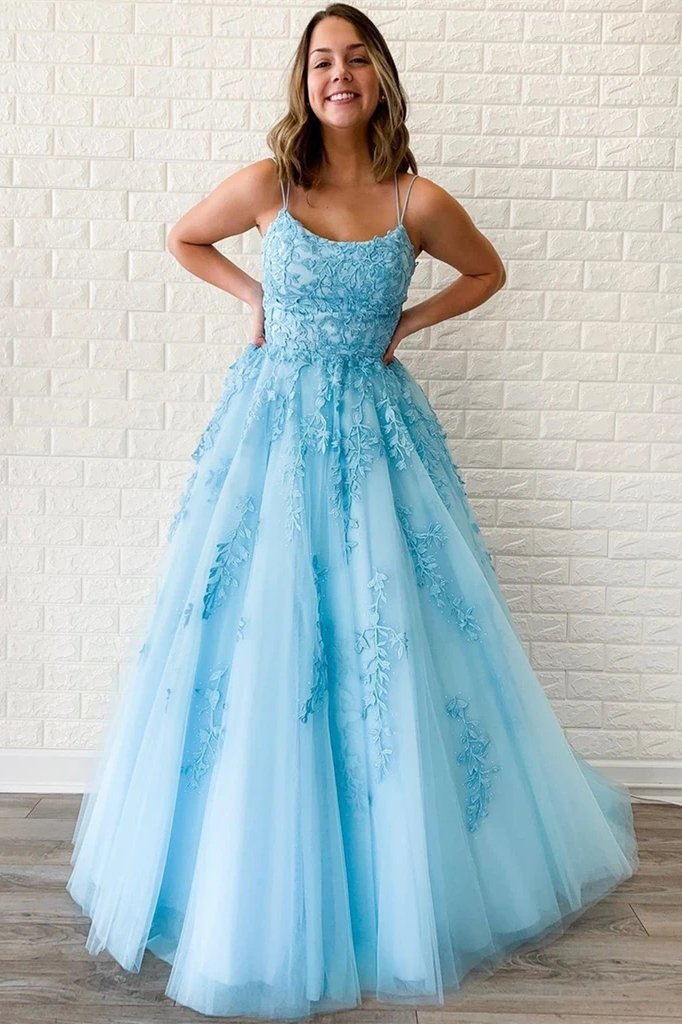 A Line Sky Blue Lace Backless Long Prom Dresses, Backless Sky Blue Lace Formal Dresses UQ2588