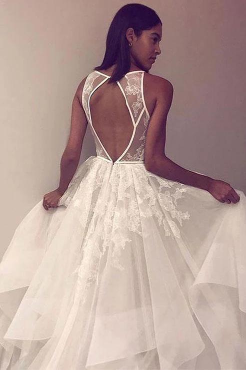 A Line Sleeveless Tulle Prom Dress with Lace Appliques, Cheap Beach Wedding Dress WLD2443