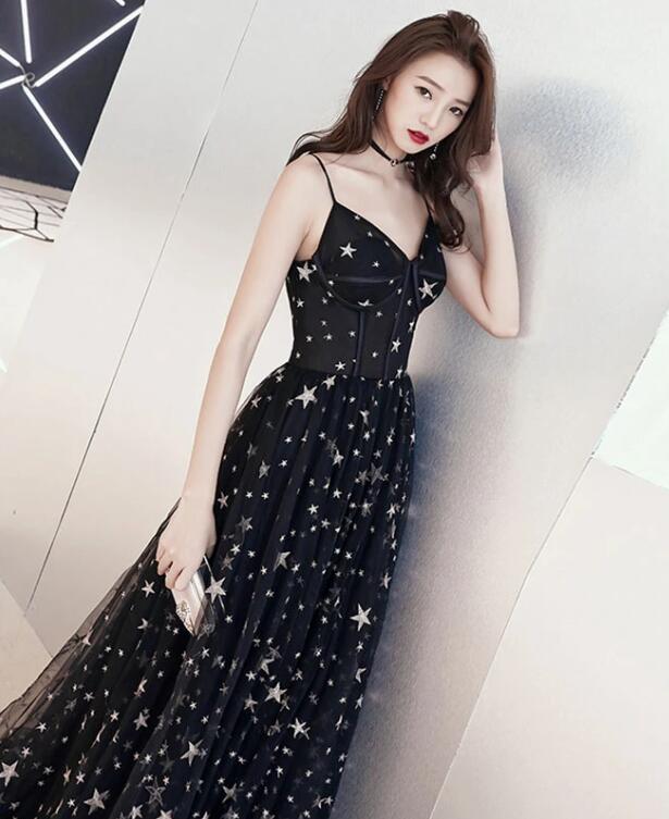 Black Spaghetti Straps Tulle Prom Dress with Stars, Floor Length Long Evening Dress WLD2580