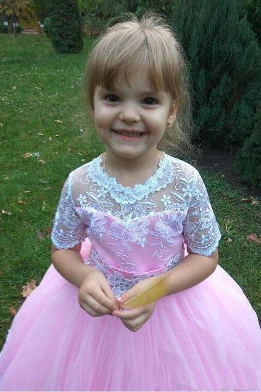 Ball Gown Cute Short Sleeves Long Flower Girl Dress, Lace Appliques Bow Flower Girl Dresses WLD079