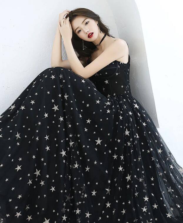 Black Spaghetti Straps Tulle Prom Dress with Stars, Floor Length Long Evening Dress WLD2580