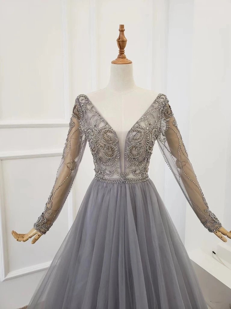 A Line V Neck Long Sleeves Tulle Gray Prom Dress with Beading, Cheap Party Dresses WLD2578