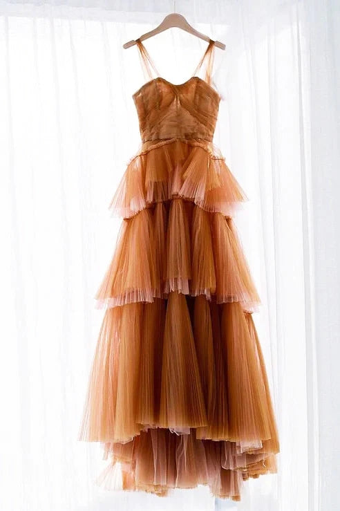 Orange Off The Shoulder Tulle Tiered Long Prom Dress, A Line Evening Gown WLD0220