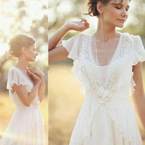 Ivory V Neck Chiffon Boho Wedding Dress, Unique Cap Sleeves Beach Wedding Dress with Ruffles WLD2505