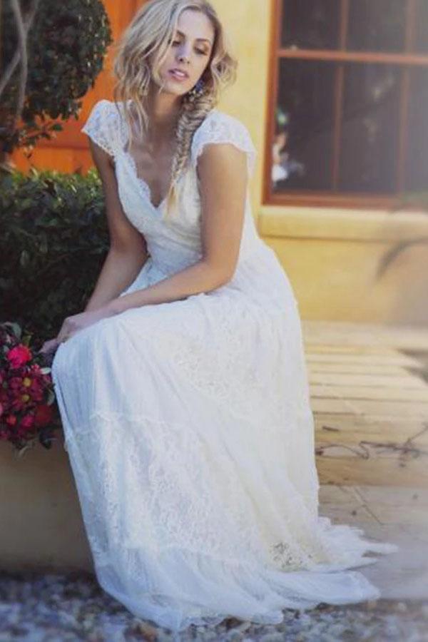 A-Line V Neck Floor Length Cap Sleeves Lace Beach Wedding Dress, Boho Wedding Dresses WLD2495