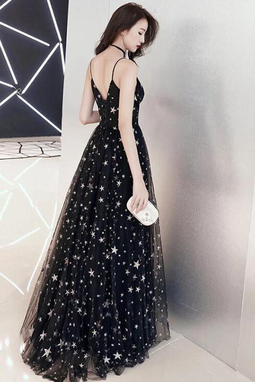 Black Spaghetti Straps Tulle Prom Dress with Stars, Floor Length Long Evening Dress WLD2580