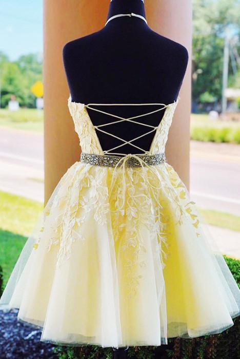 A Line Halter Sleeveless Homecoming Dress with Beads, Appliqued Short Formal Dress WLD2167