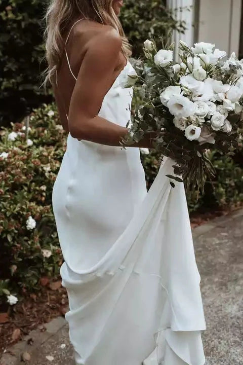 Aesthetic Spaghetti Straps Mermaid Beach Wedding Dress, Long Bridal Dress WLD0126