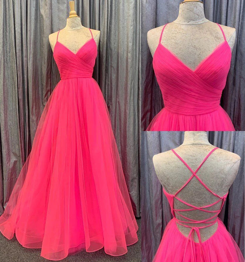 Hot Pink Tulle Spaghetti Straps V Neck Prom Dresses With Slit,Long Party Gown WLD0174