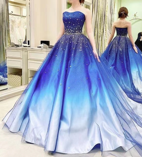 Princess Blue Strapless Lace up Prom Dresses With Beading, Formal Gown WLD0215