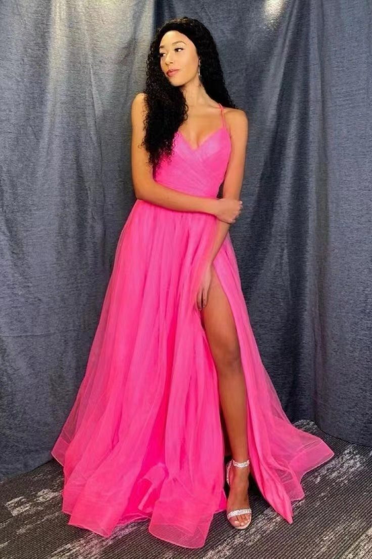 Hot Pink Tulle A Line V-neck Long Prom Dress, Gorgeous Formal Gown WLD0213