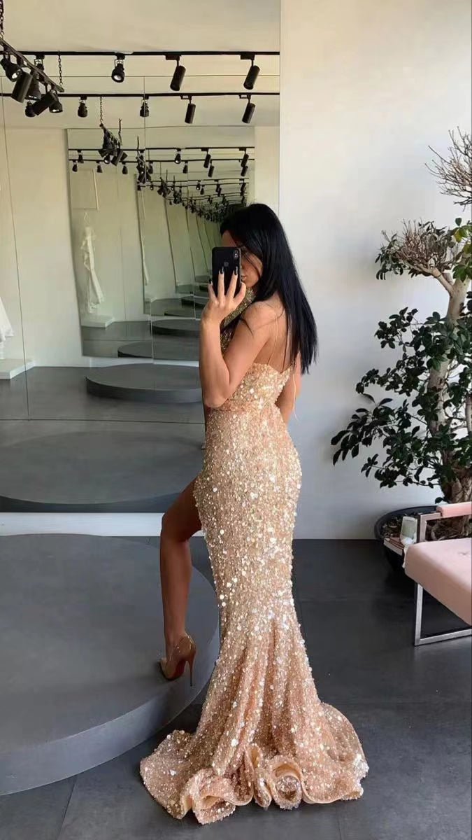 Gold Engagement Spaghetti Straps Mermaid Long Prom Dresses,Evening Gown WLD0216
