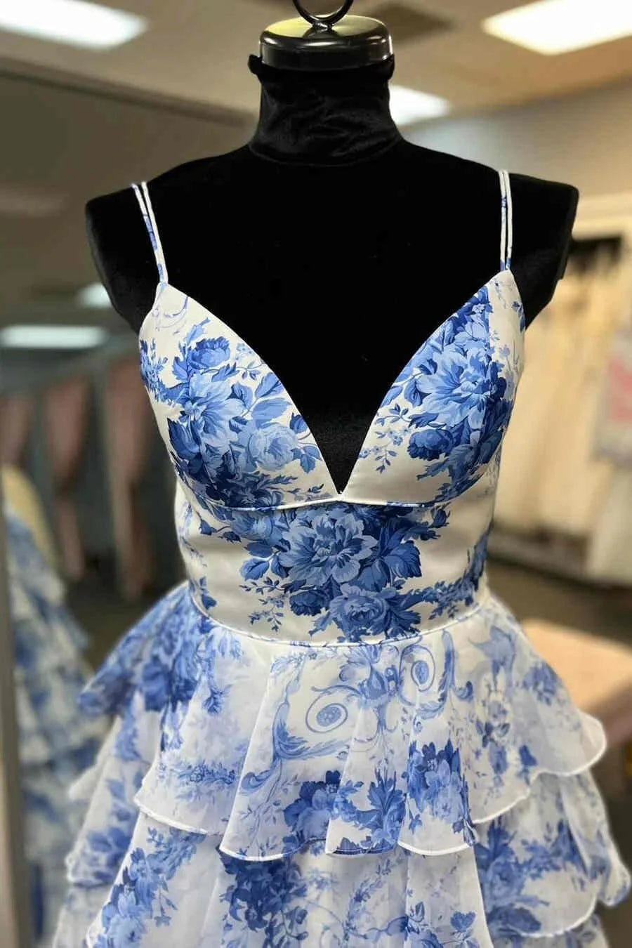 A-line Straps Blue Floral Print Prom Dresses, Layered Slit Graduation Gown WLD0369