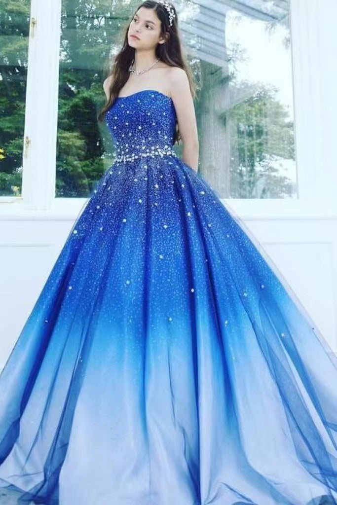 Princess Blue Strapless Lace up Prom Dresses With Beading, Formal Gown WLD0215