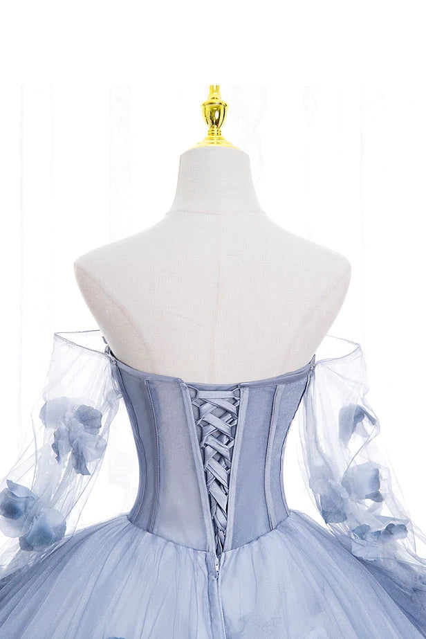 Off The Shoulder Blue Tulle Prom Dress With Flowers, Princess Quinceanera WLD0254