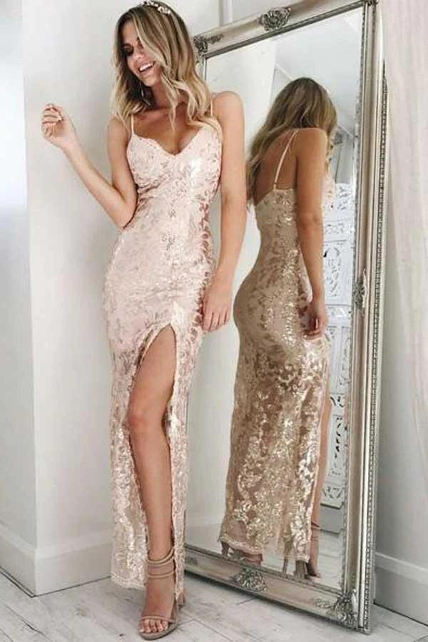 Sexy Spaghetti Straps Side Slit Long Prom Dresses, Sheath Split Formal Dresses WLD2614