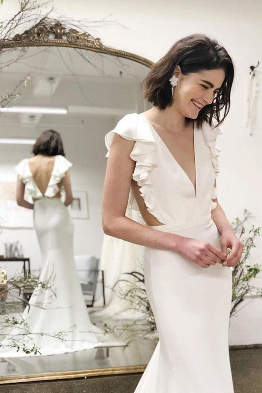 Mermaid V-Neck Cap Sleeves Wedding Dress with Ruffles, Bride Dress WLD0192